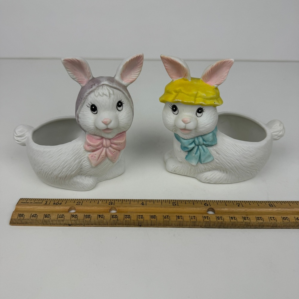 Set of 2 Vtg Tabletop Bunny Rabbits Faux Planter Ceramic Purple Yellowβ Hat READ